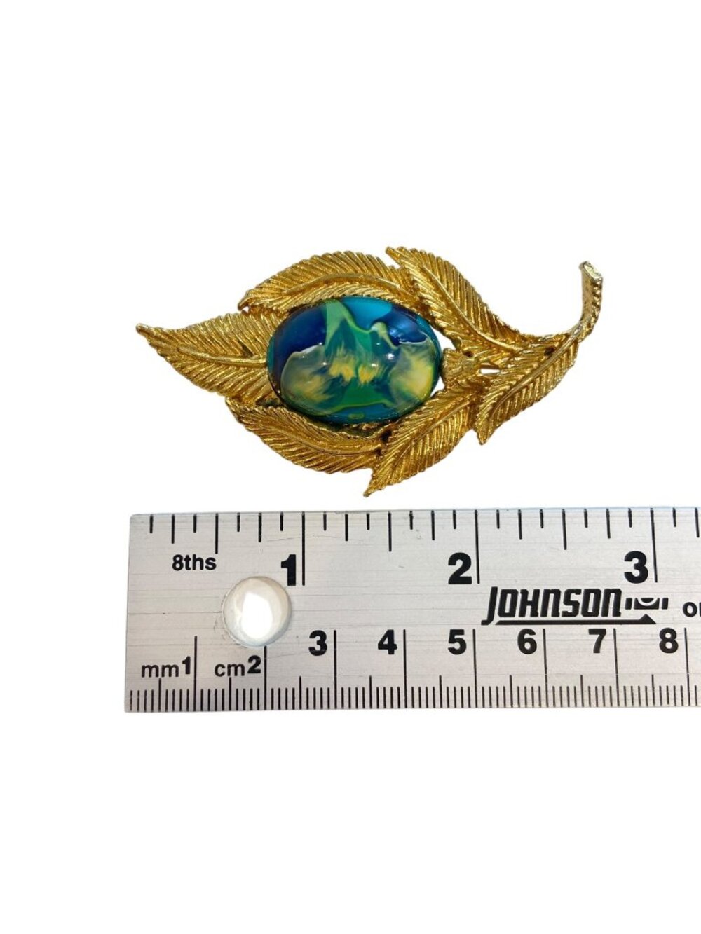 Gold-Tone Leaf Brooch With Blue & Green Swirl Cabochon 2.5 Inches Artist fermini - Picture 14 of 16